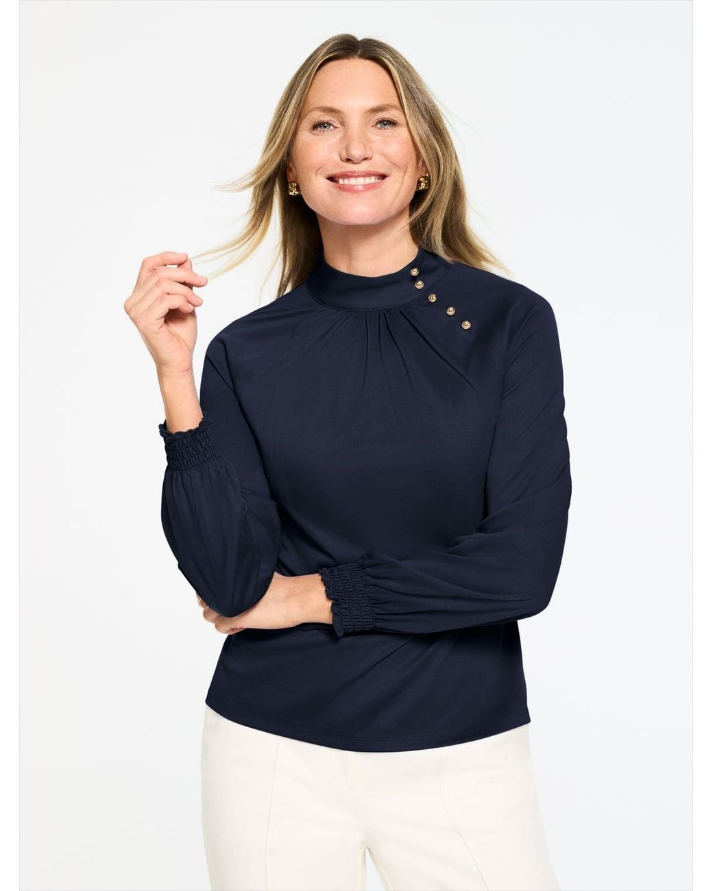 Talbots Blue Mockneck Knit Blouse