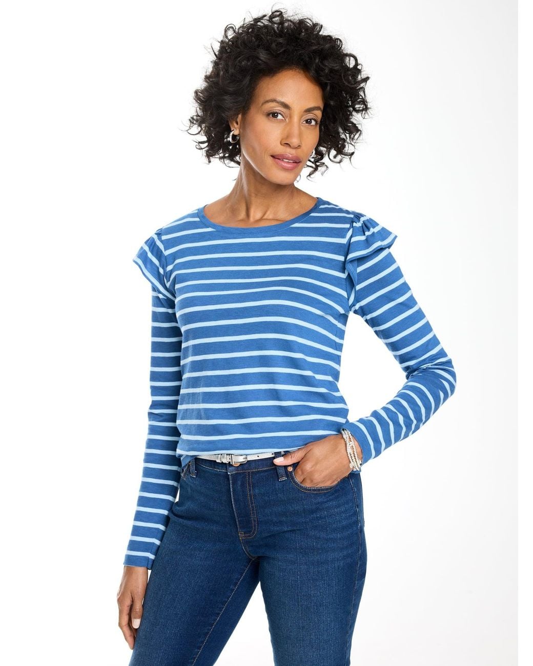 Talbots Blue Ruffle Shoulder Crewneck T-shirt