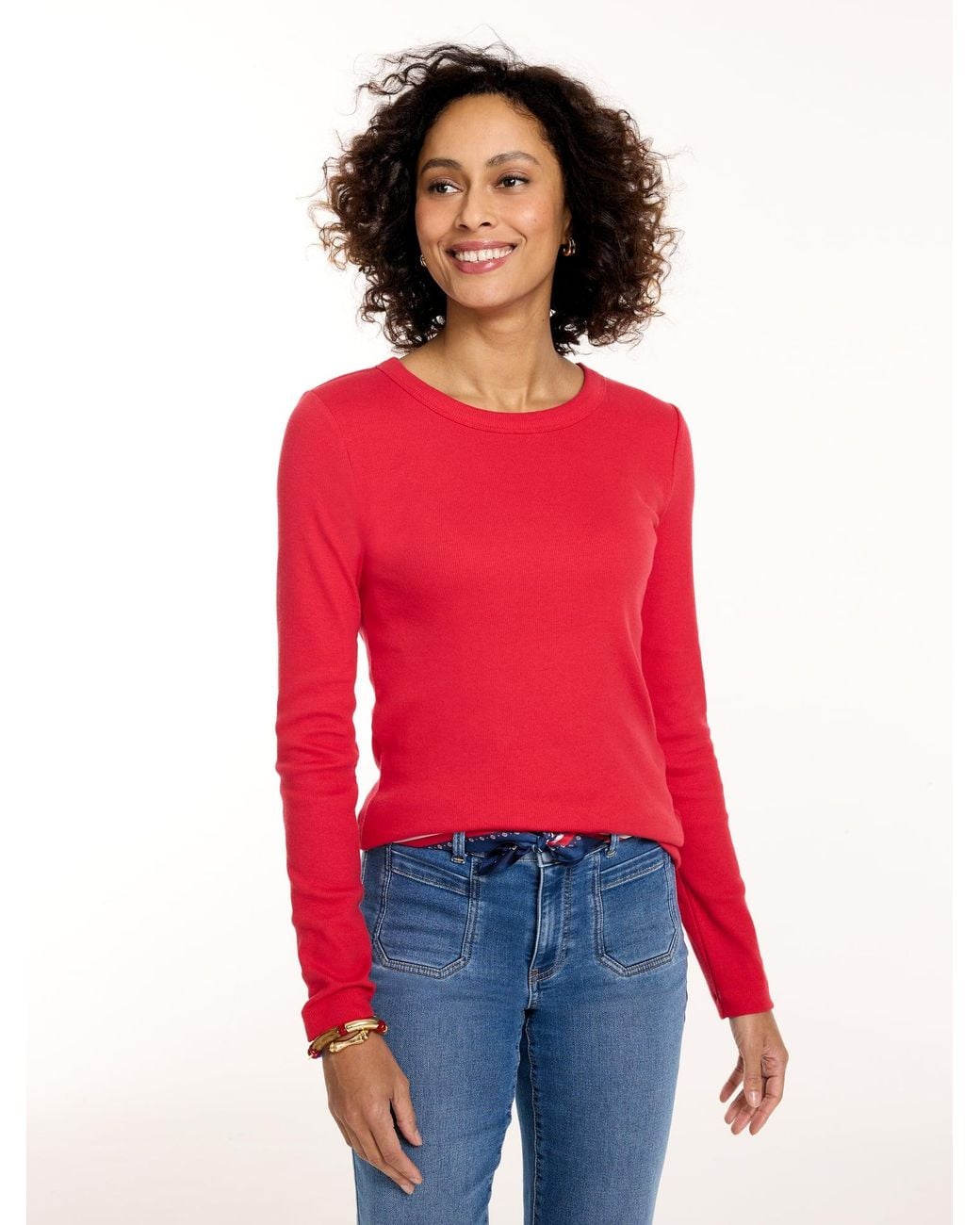 Talbots Red Ribbed Long Sleeve Crewneck T-shirt