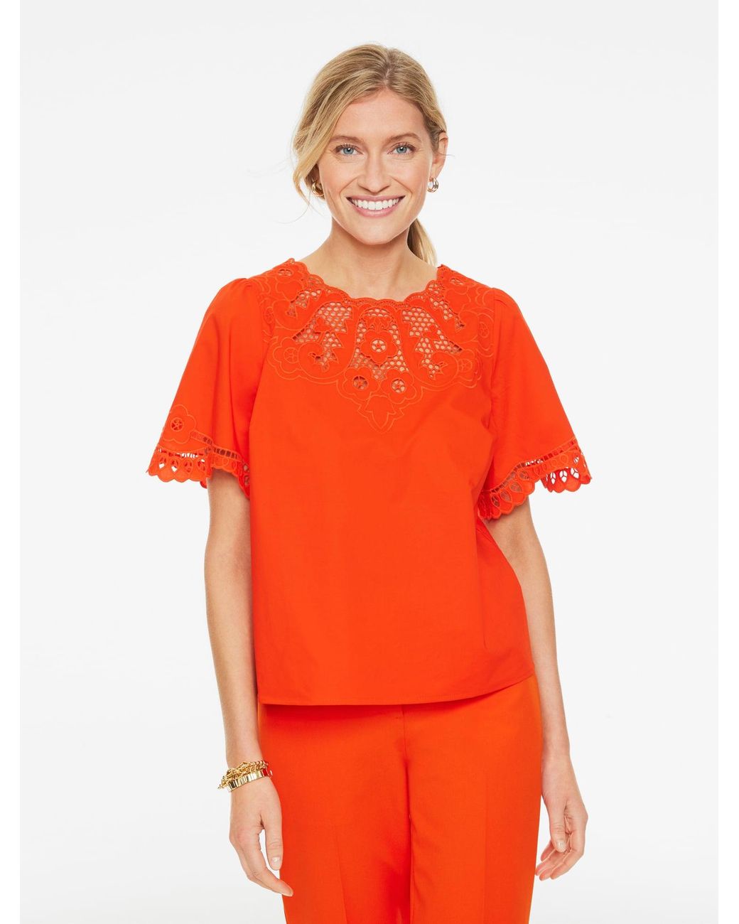 Talbots Orange Embroidered Poplin Top