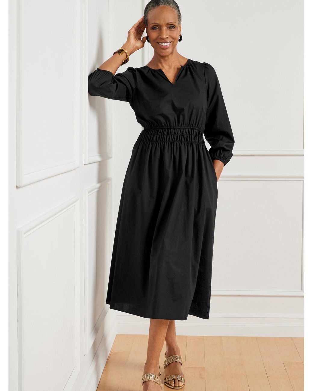 Talbots Smocked Poplin Midi Dress in Black Lyst UK