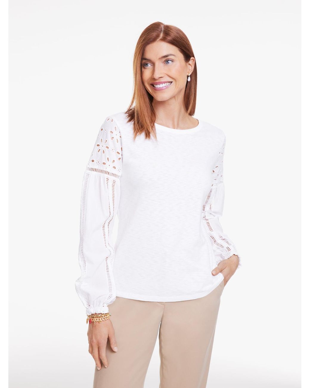 Talbots White Eyelet Sleeve Mixed Media Top