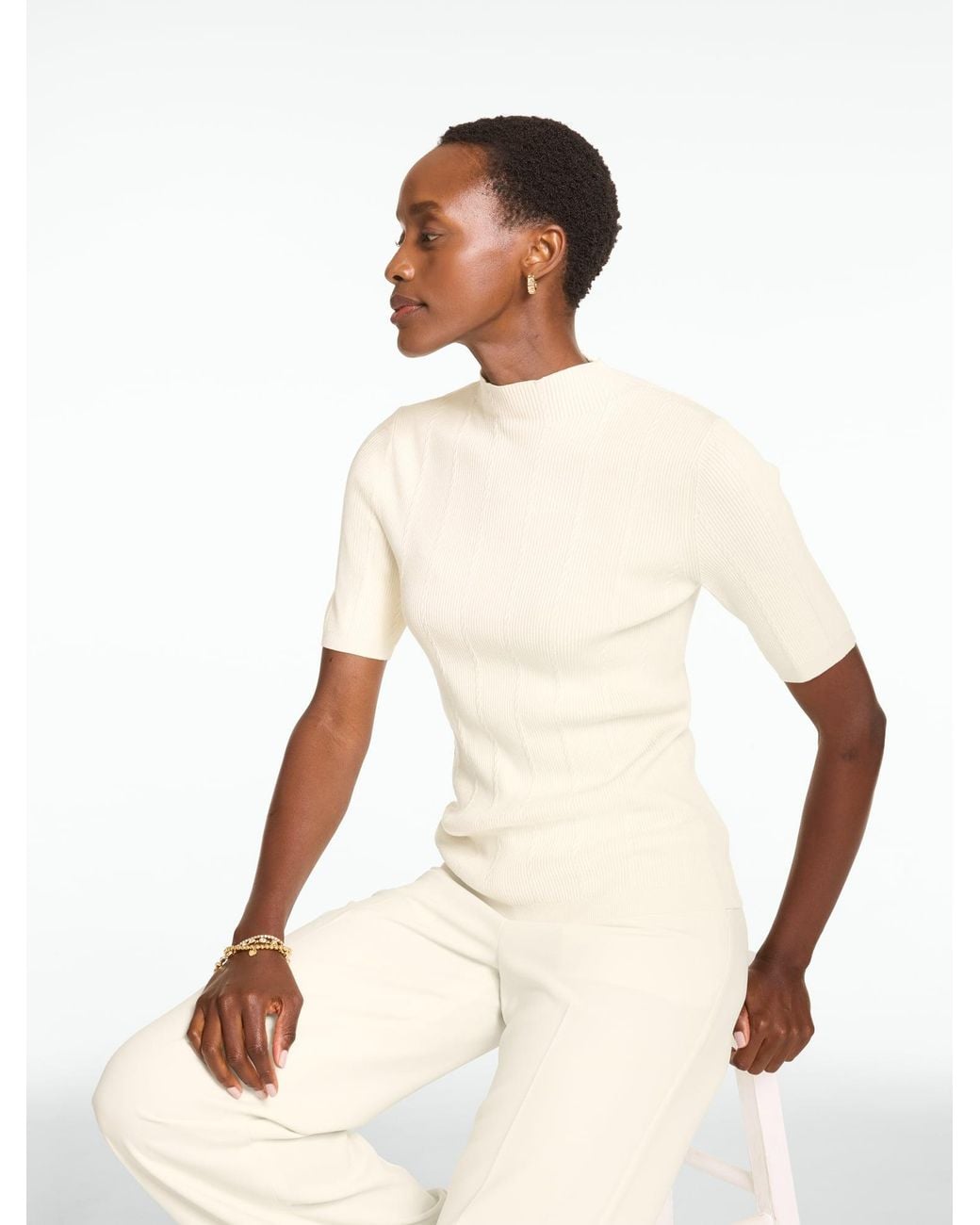 Talbots White Ribbed Elbow Sleeve Mockneck Pullover Sweater