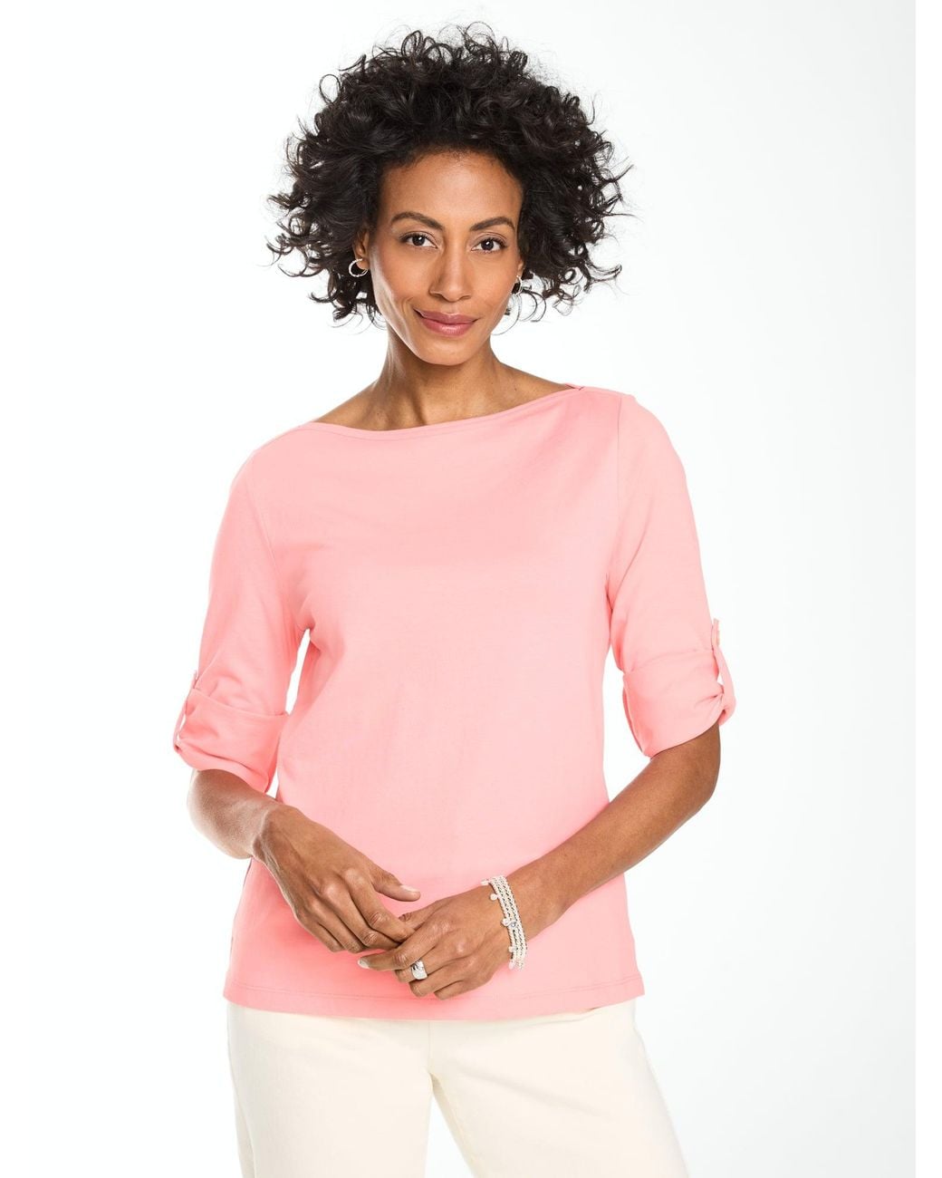 Talbots Pink Roll Cuff Bateau Neck Top