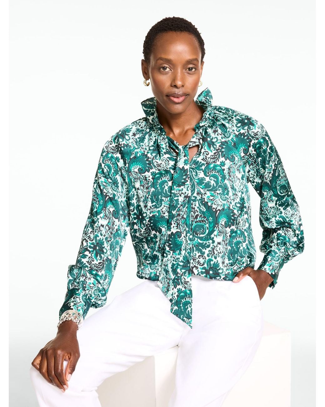Talbots Blue Tie Neck Ruffle Top
