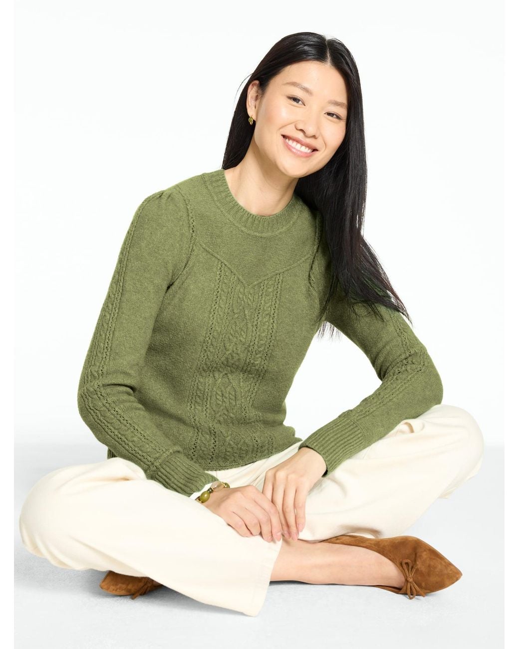 Talbots Green Sweetheart Cable Knit Crewneck Sweater
