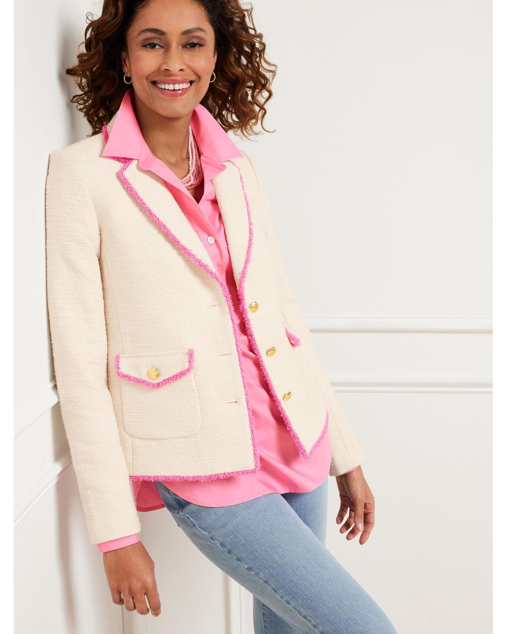 Talbots Tweed Fringe Jacket in Pink