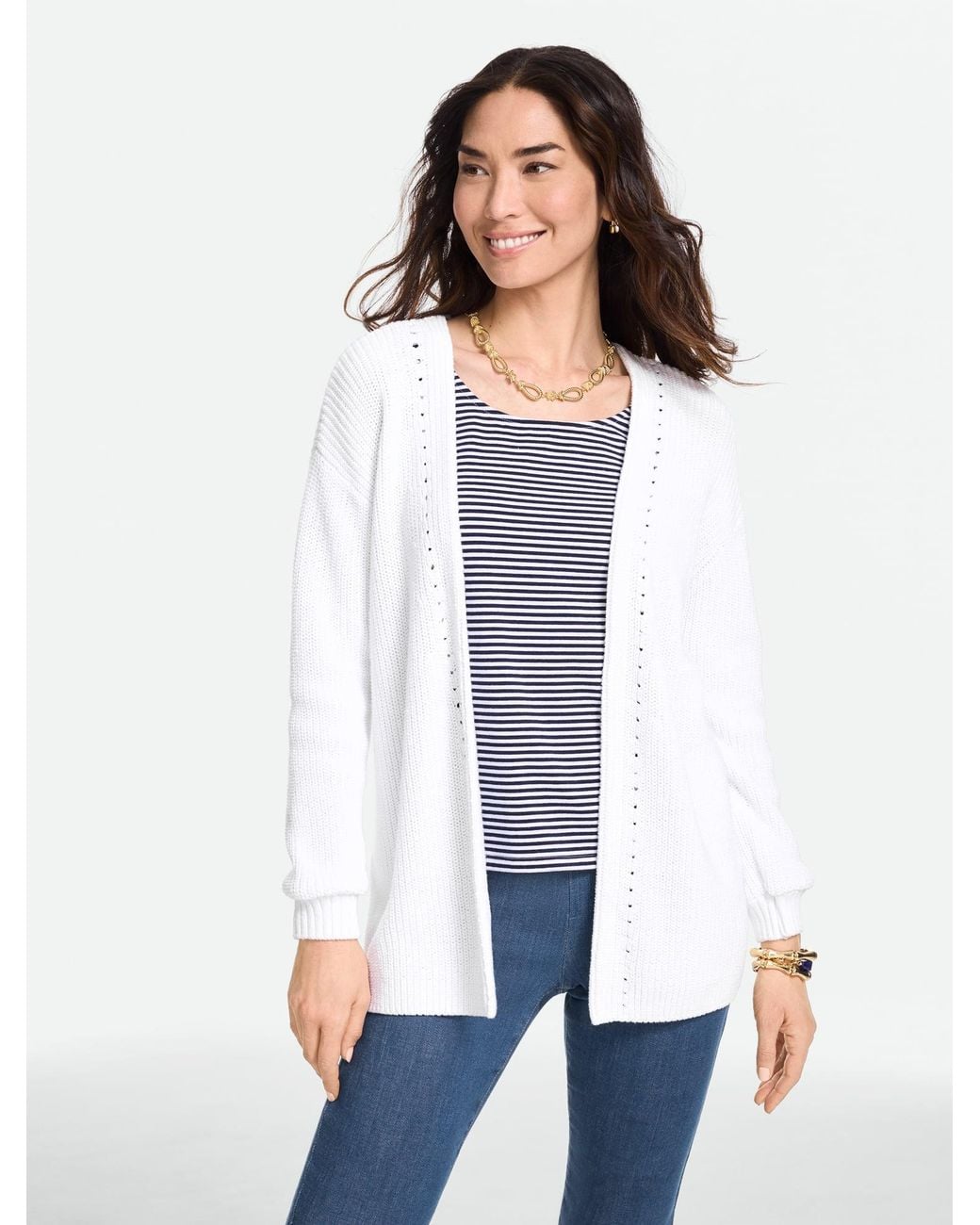 Talbots White Shaker Stitch Open Front Cardigan Sweater