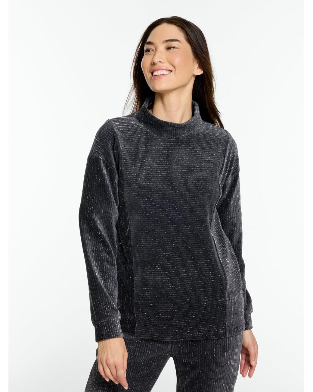 Talbots Black Sky Lounge Velour Sparkle Mockneck Pullover Sweater