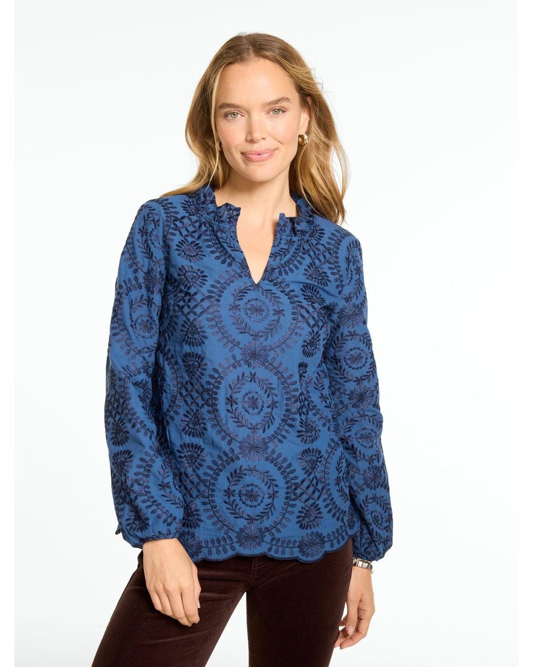 Talbots Blue Floret Medallion Embroidered Top