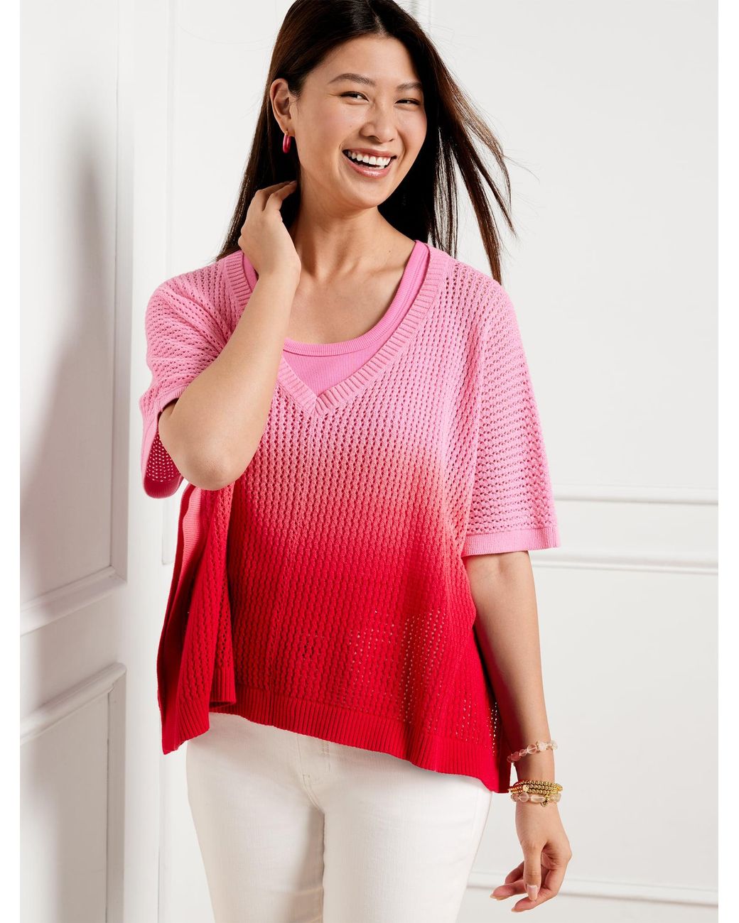 Talbots Red Open Stitch Poncho