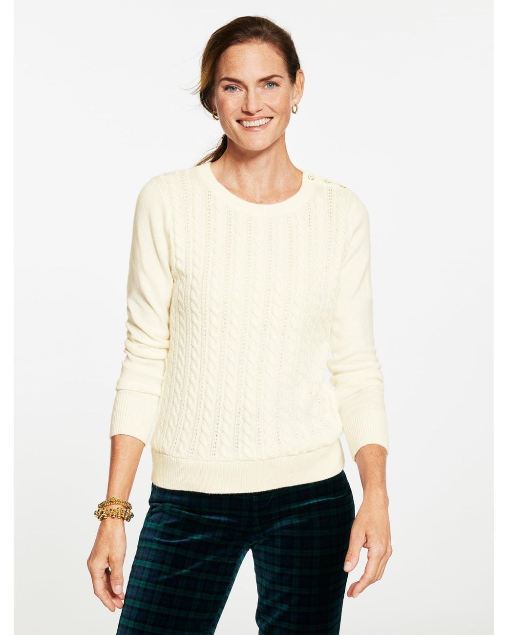 Talbots White Cable Knit Crewneck Sweater