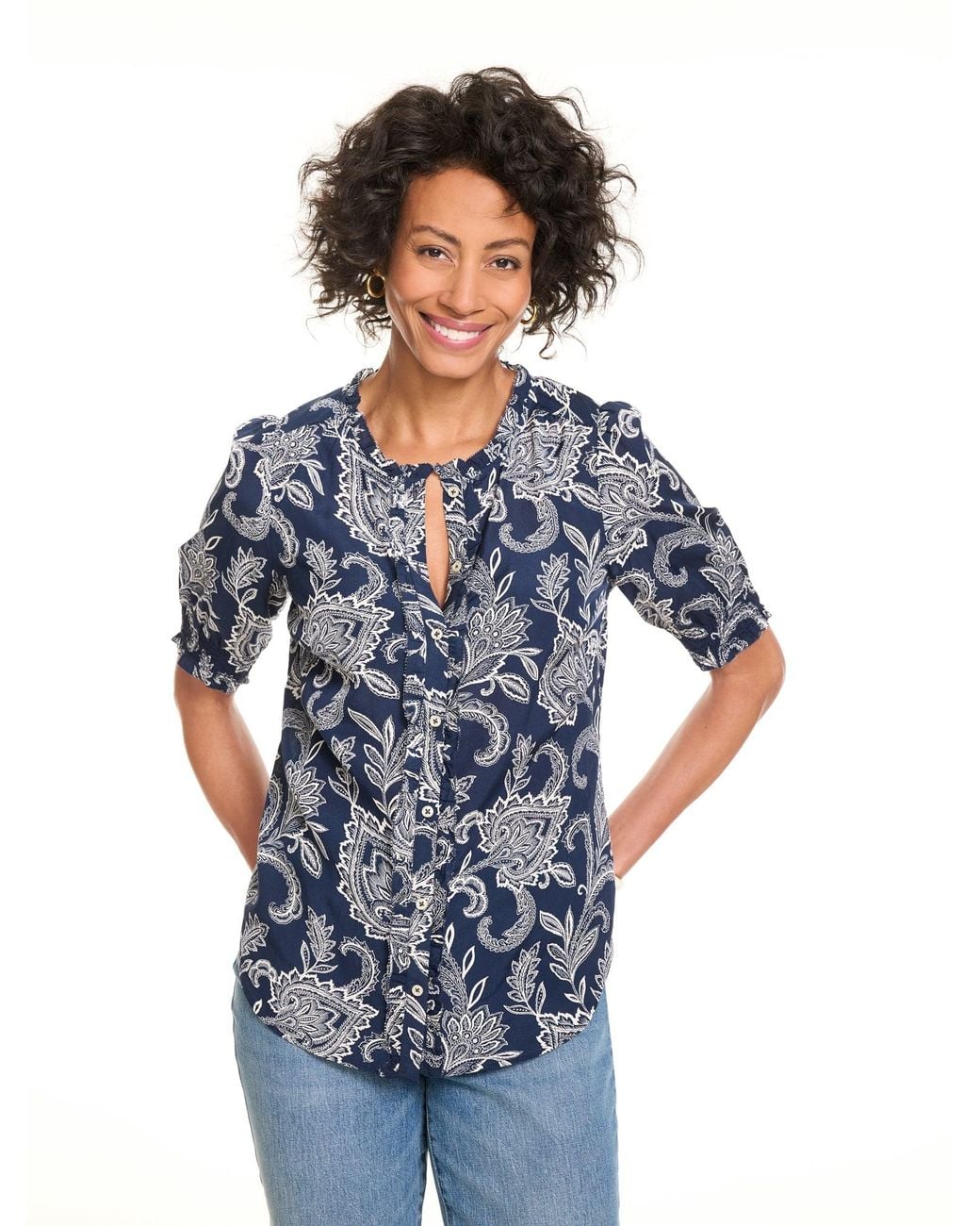 Talbots Blue Ruffle Button Front Top