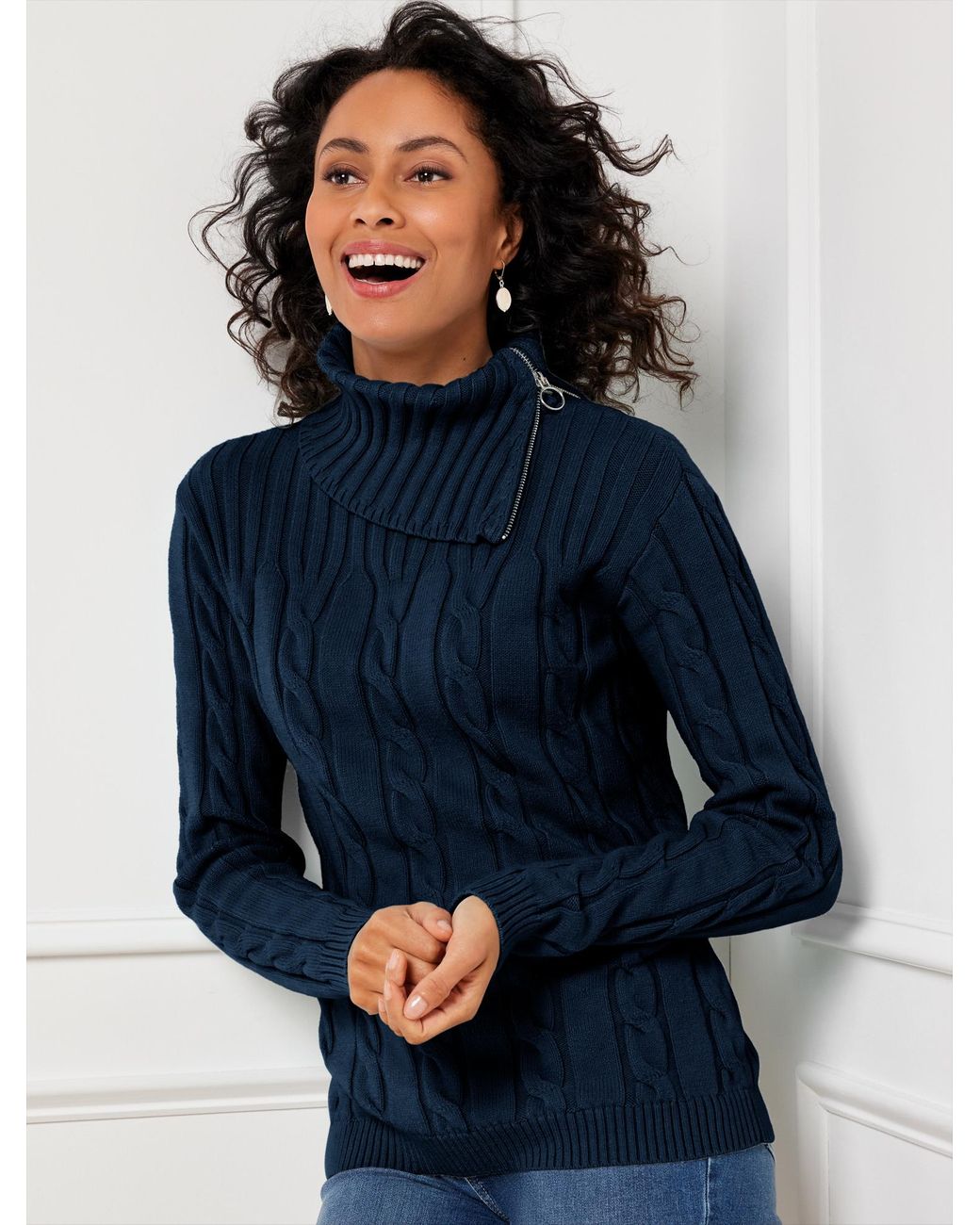 Talbots Cable Knit Zip Cowl neck Sweater in Blue Lyst