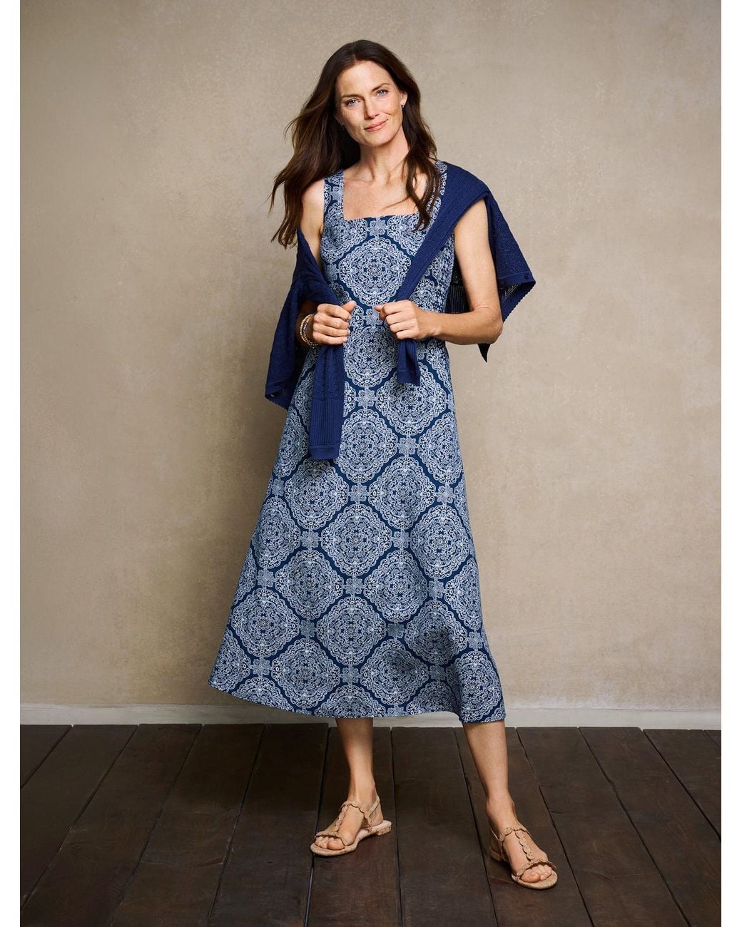 Talbots Blue Linen Blend Fit & Flare Dress