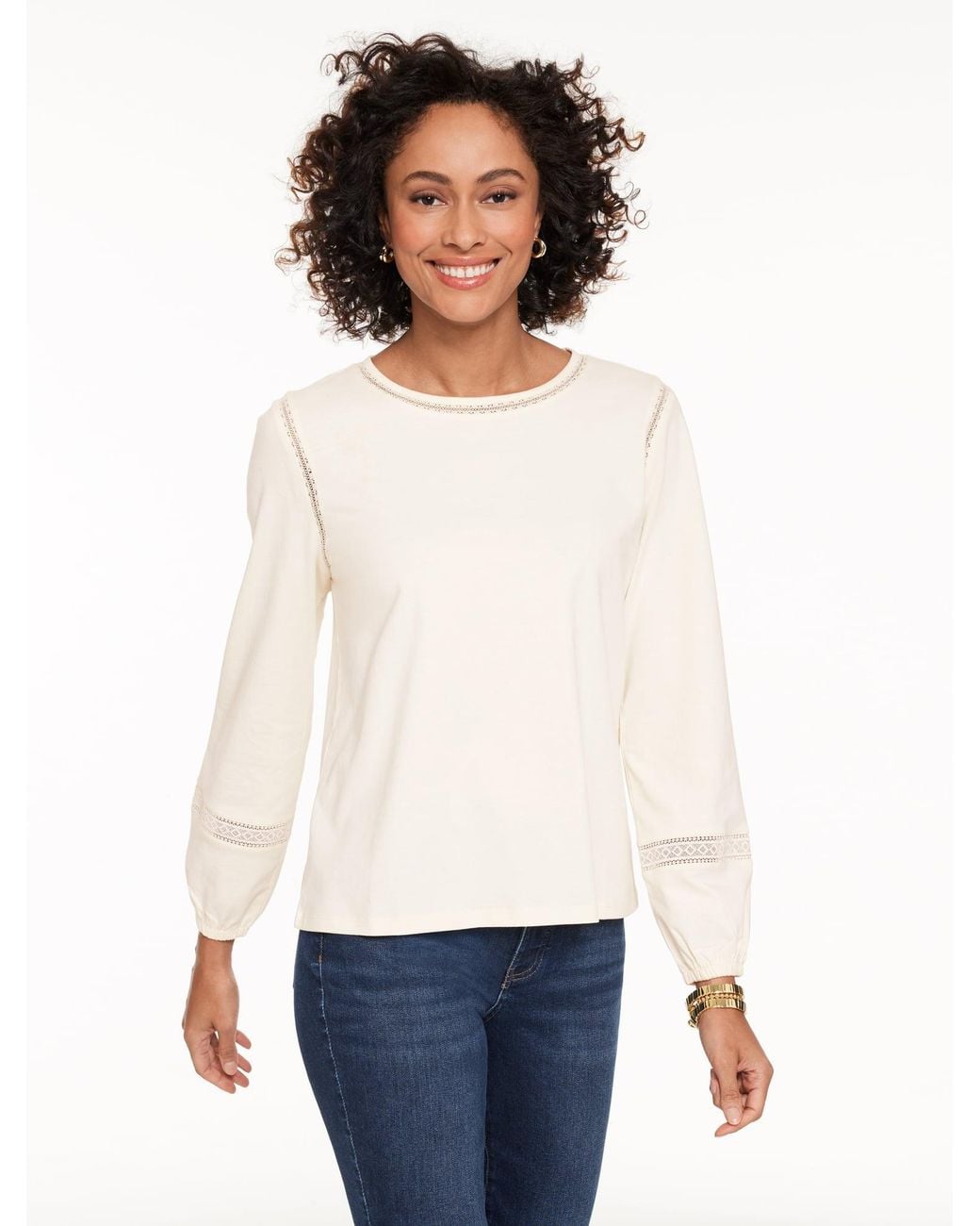 Talbots White Modern Romance Lace Trim Top