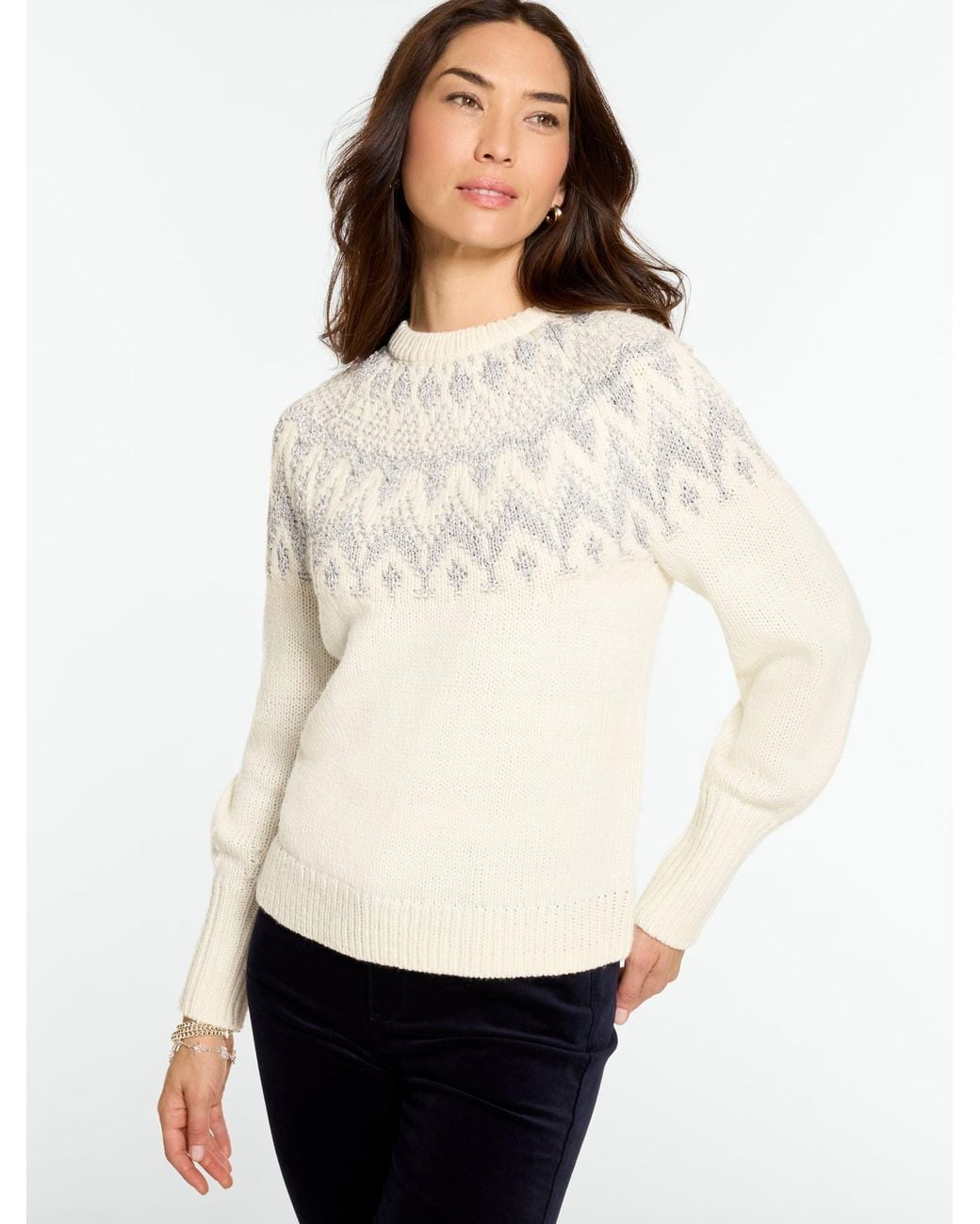 Talbots White Sparkling Fair Isle Crewneck Sweater