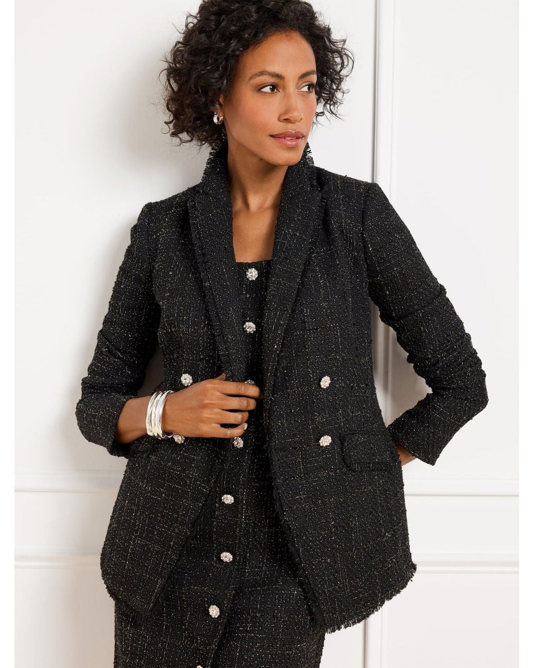 Talbots Black Metallic Fringe Tweed Double Breasted Blazer