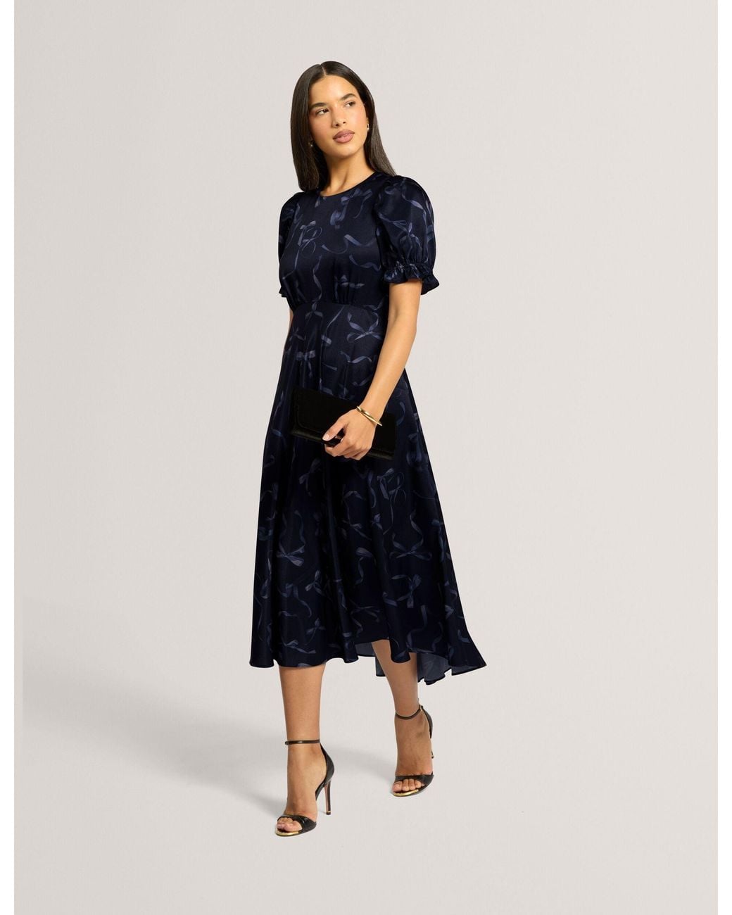 Ted Baker Blue Gratia Bow Print Puff Sleeve Crepe Midi Dress