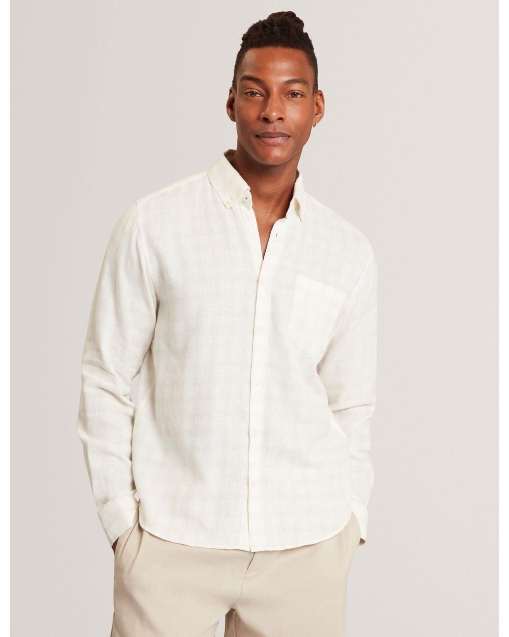 Ted Baker Natural Andrey Relaxed Marl Check Long Sleeve Shirt for men