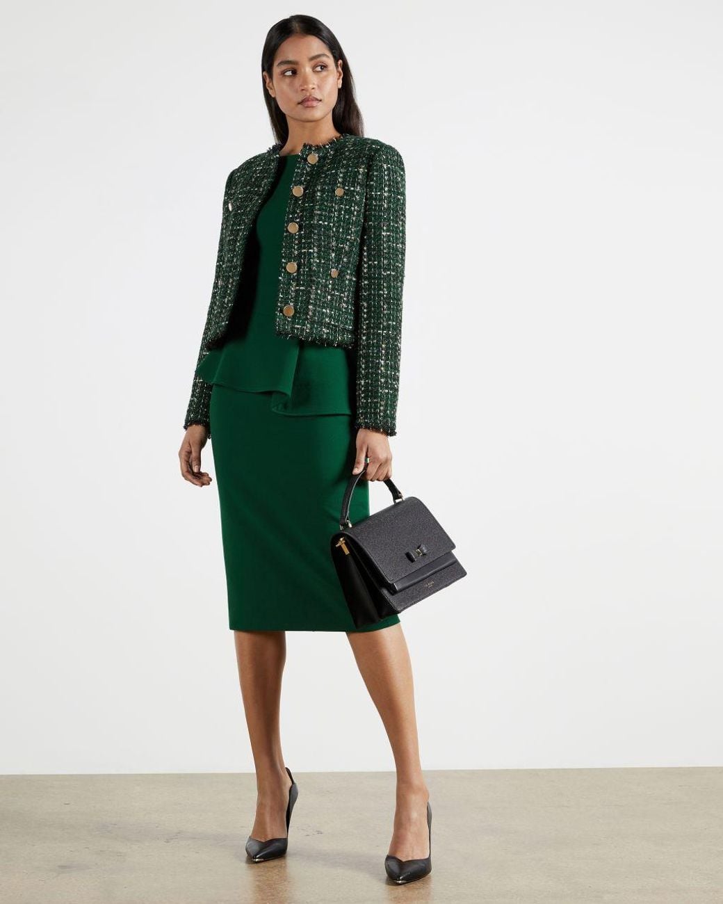 Ted Baker Synthetic Peplum Detail Short Sleeve Dress in Dark Green (Green) | Lyst