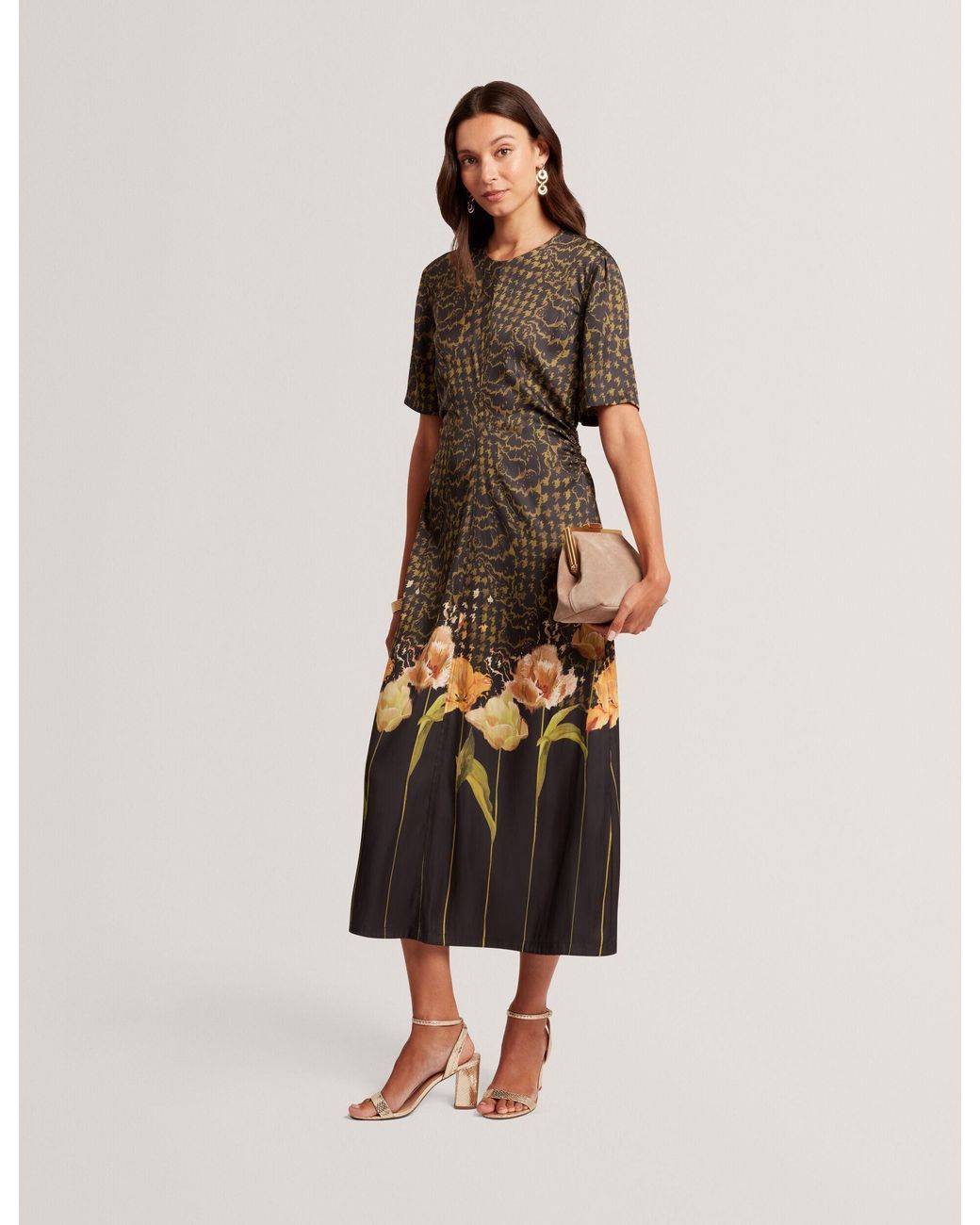 Ted Baker Natural Aevaa Floral Check Gathered Waist Midi Waist