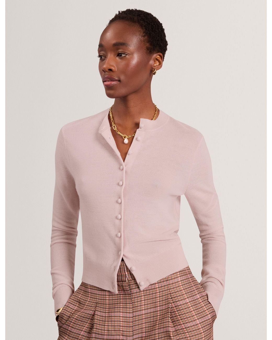 Ted Baker Pink Coradee Merino Wool Knitted Crewneck Cardigan
