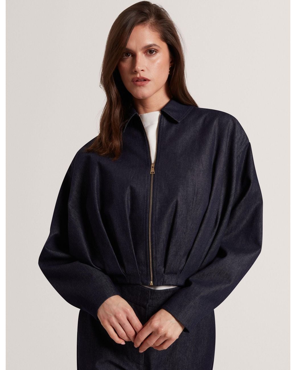 Ted Baker Blue Annite Chambray Cropped Bomber Jacket