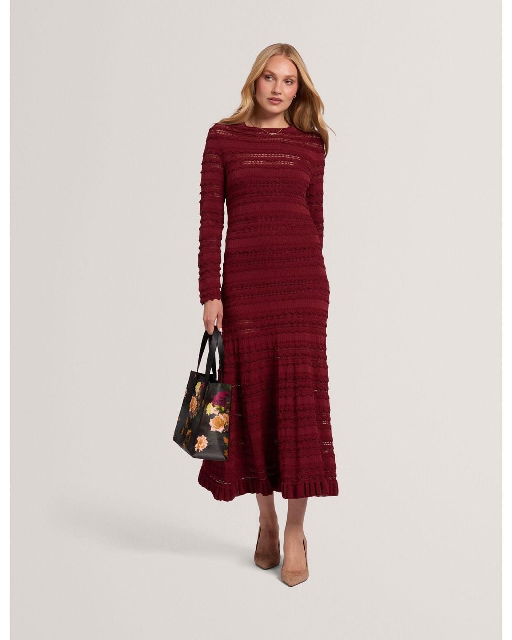 Ted Baker Red Kaseya Long Sleeve Knit Maxi Dress
