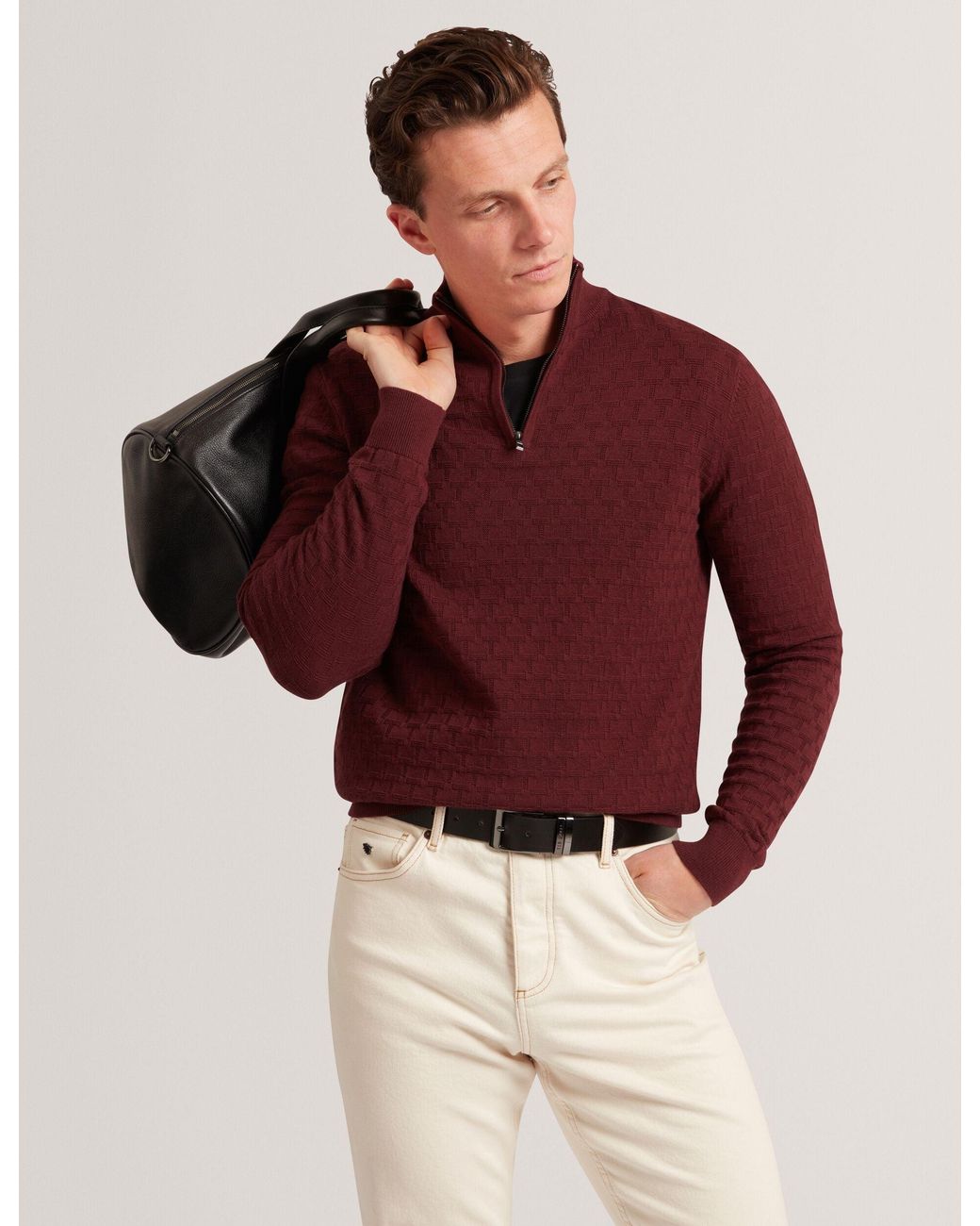 Ted Baker Red Jeremee Branded Texture Zip Neck Jumper for men