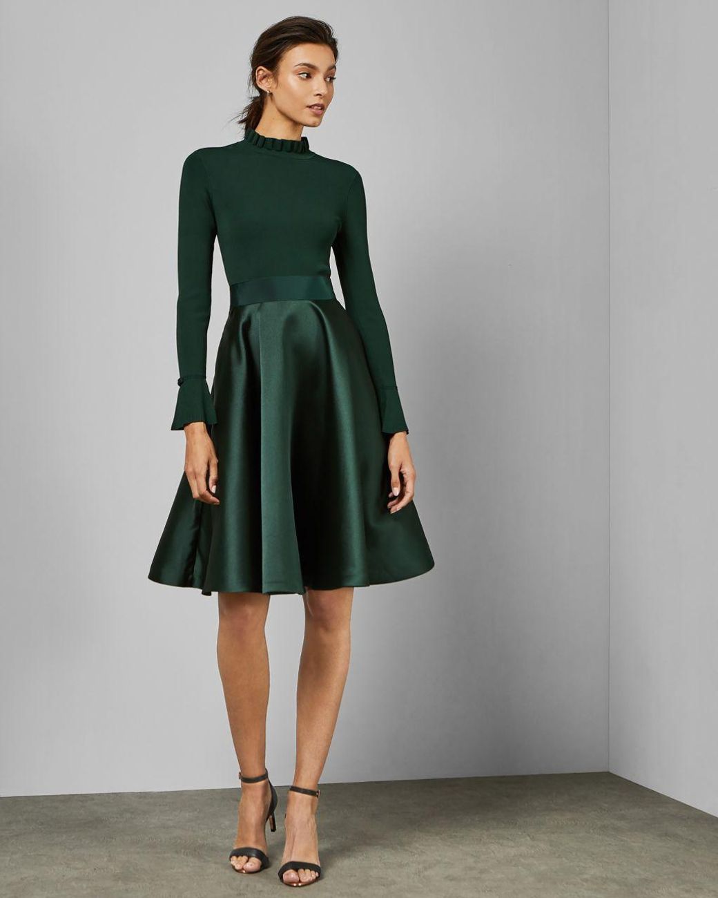 Synthetic Frill Neck Full Skirt Dress 