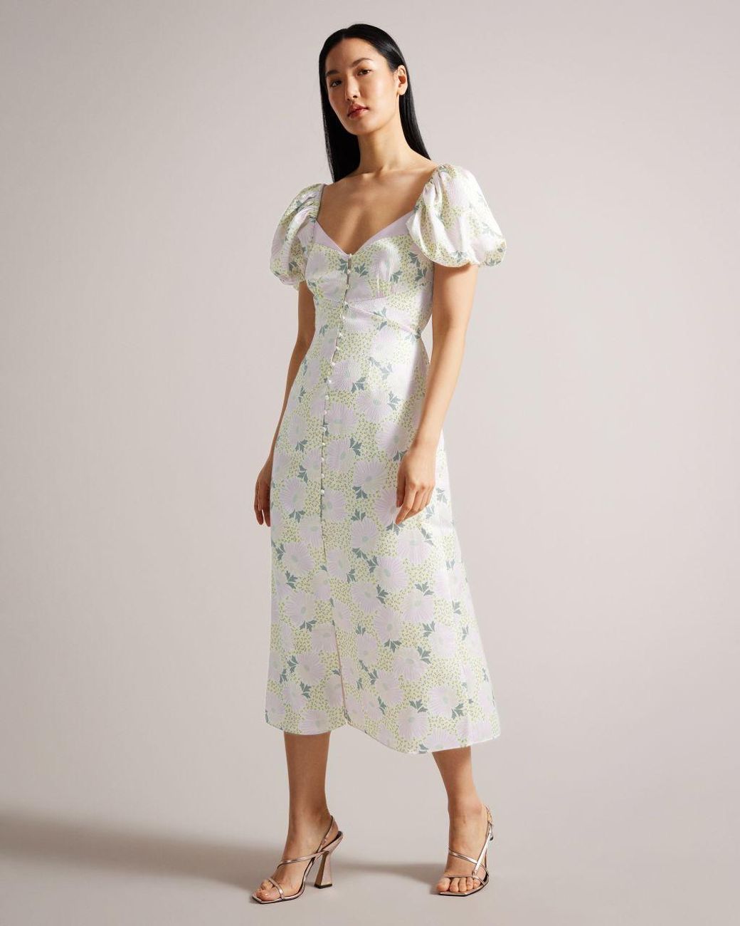 Ted Baker Puff Sleeve Midi Tea Dress In Natural Lyst 8335