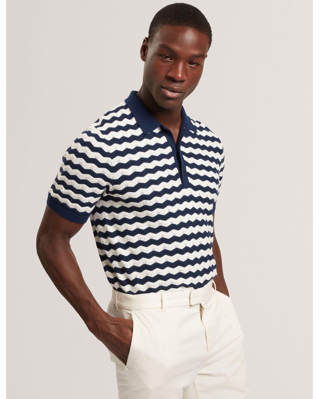 Ted Baker Blue Froobie Wavy Stripe Merino Wool Blend Polo for men