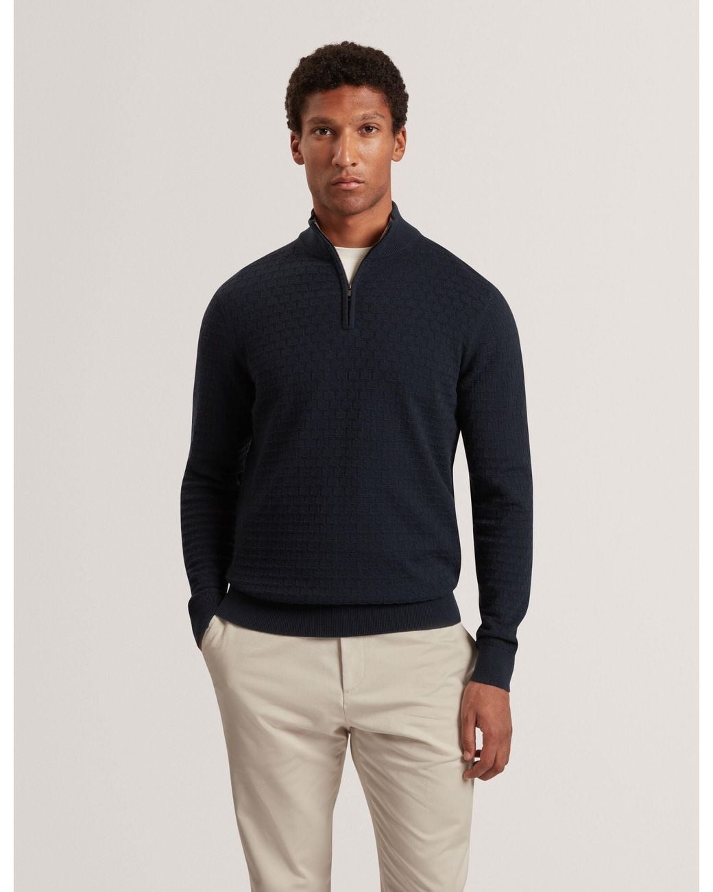 Ted Baker Blue Jeremee Branded Texture Zip Neck Jumper for men