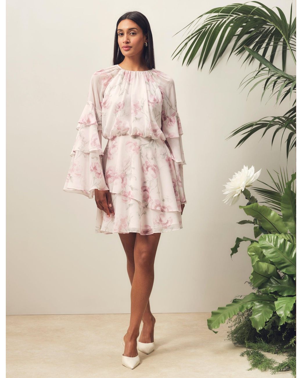Ted Baker Natural Mahliia Rose Print Frill Long Sleeve Mini Dress