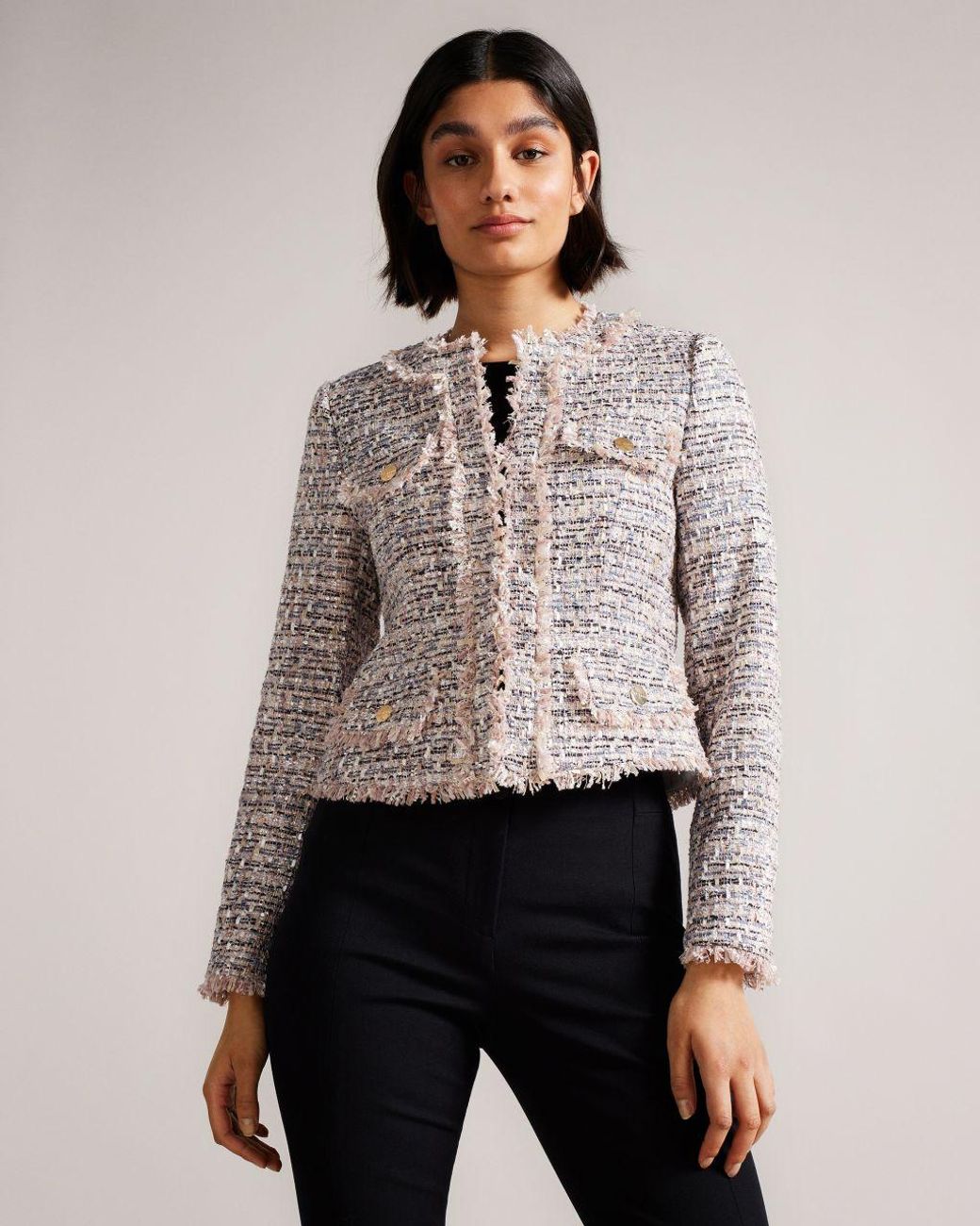 Ted Baker Cropped Boucle Jacket With Fray Detail | Lyst