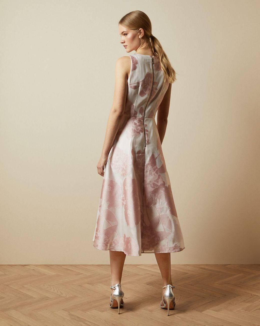Ted Baker Synthetic Sleeveless Floral Midi Dress in Dusky Pink (Pink