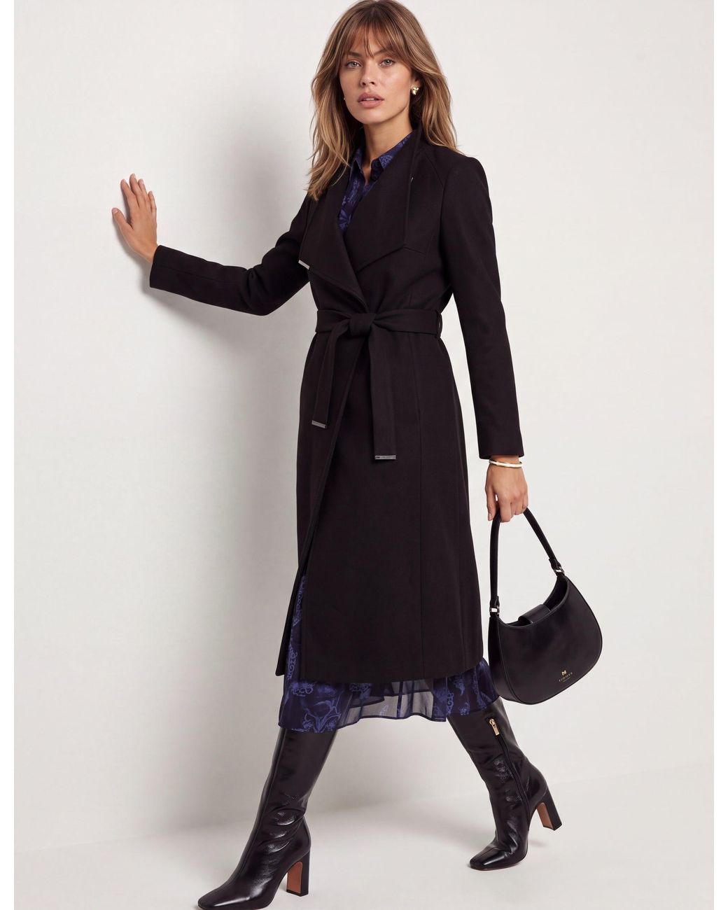 Ted Baker Black Wool Cashmere Blend Wrap Longline Coat With Tie Belt