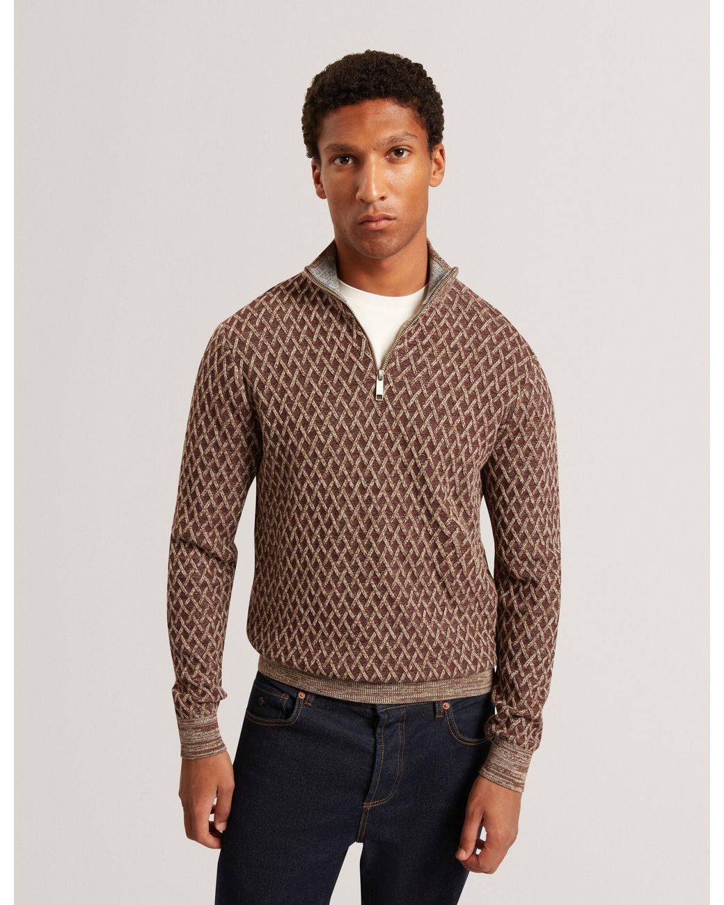Ted Baker Brown Dammon T Stitch Funnel Neck Cotton Blend Jumper for men