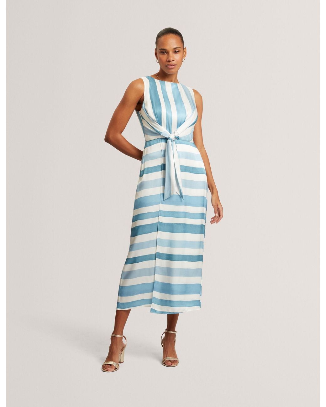 Ted Baker Blue Kahya Stripe Tie Front Sleeveless Midi Dress