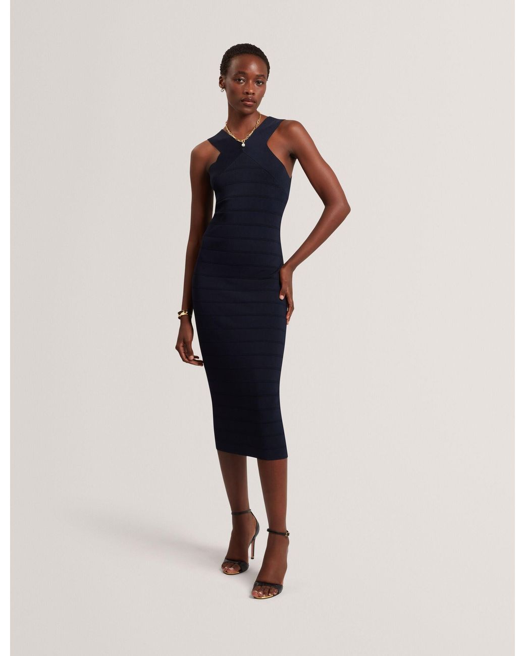 Ted Baker Blue Ardiele Cross Strap Bandage Knit Bodycon Midi Dress
