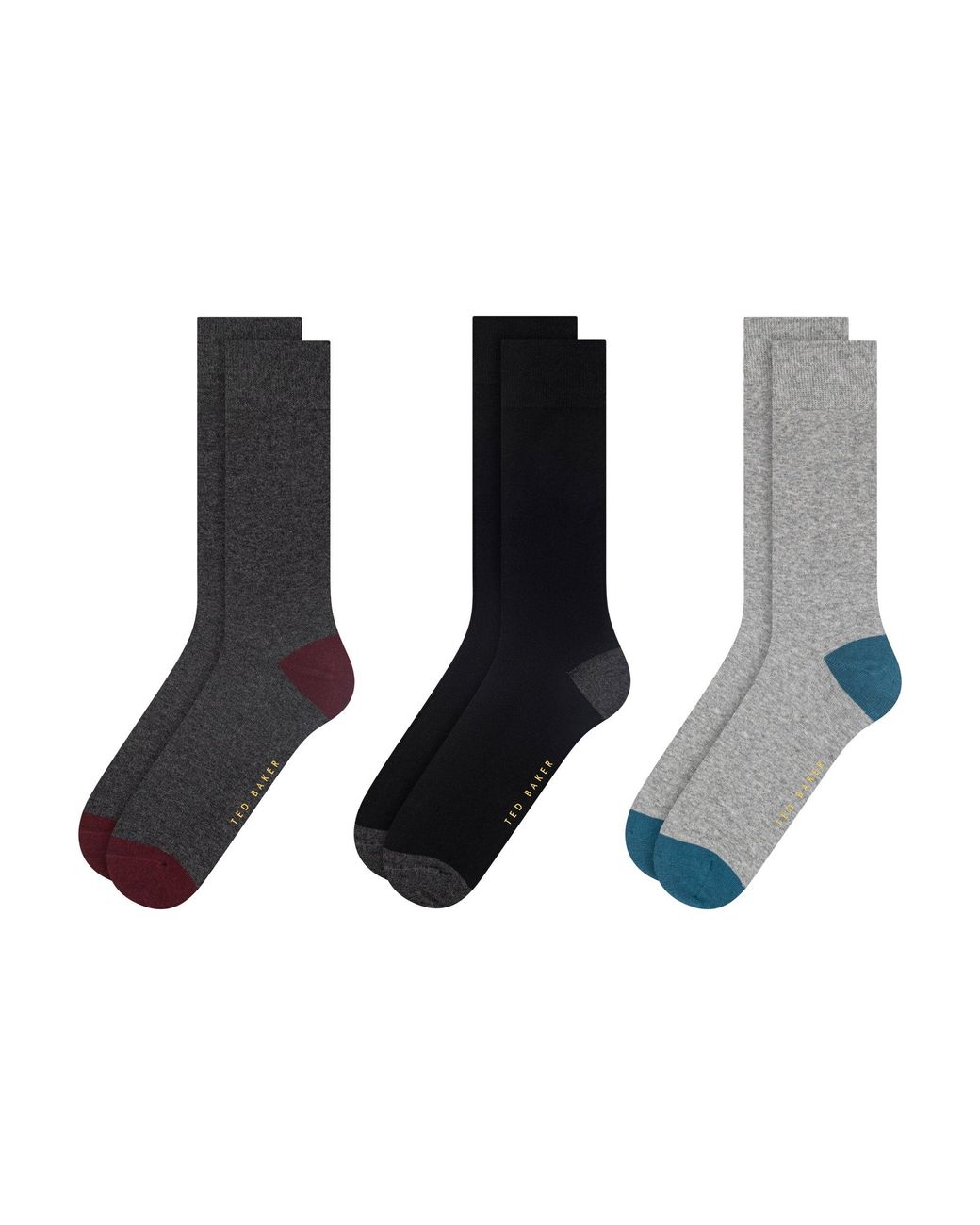 Ted Baker Black 3 Pack Contrast Heel Toe Crew Socks for men
