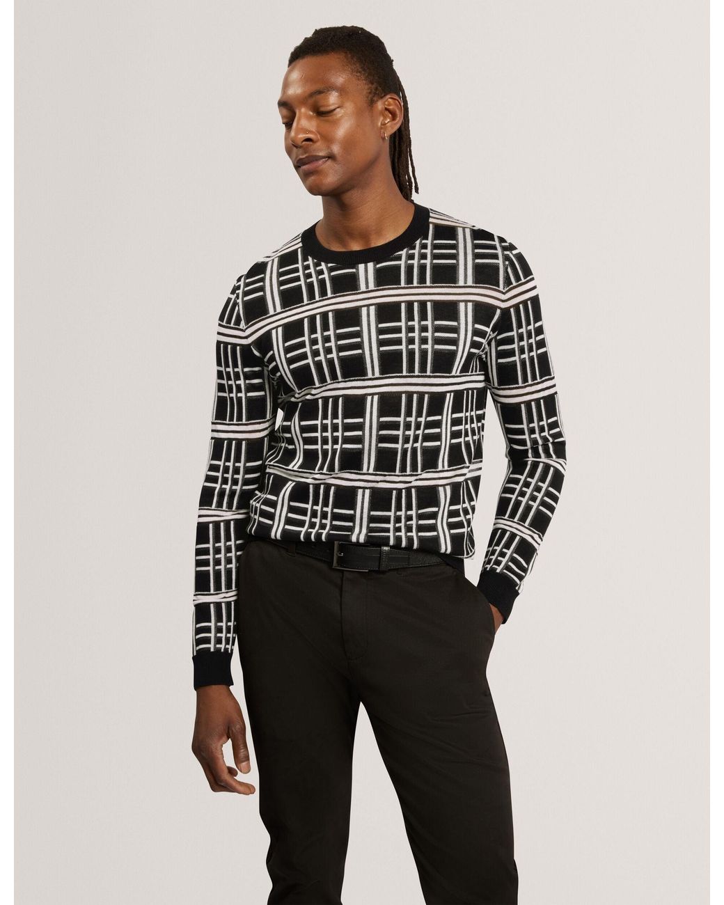 Ted Baker Black Eatton Check Stitch Crewneck Wool Blend Jumper for men