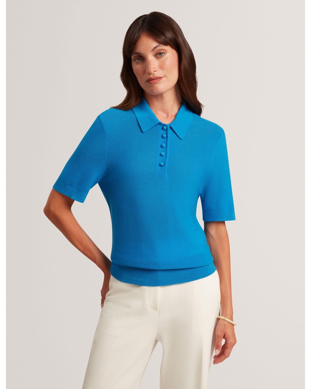 Ted Baker Blue Elemily Merino Wool Knitted Polo Top