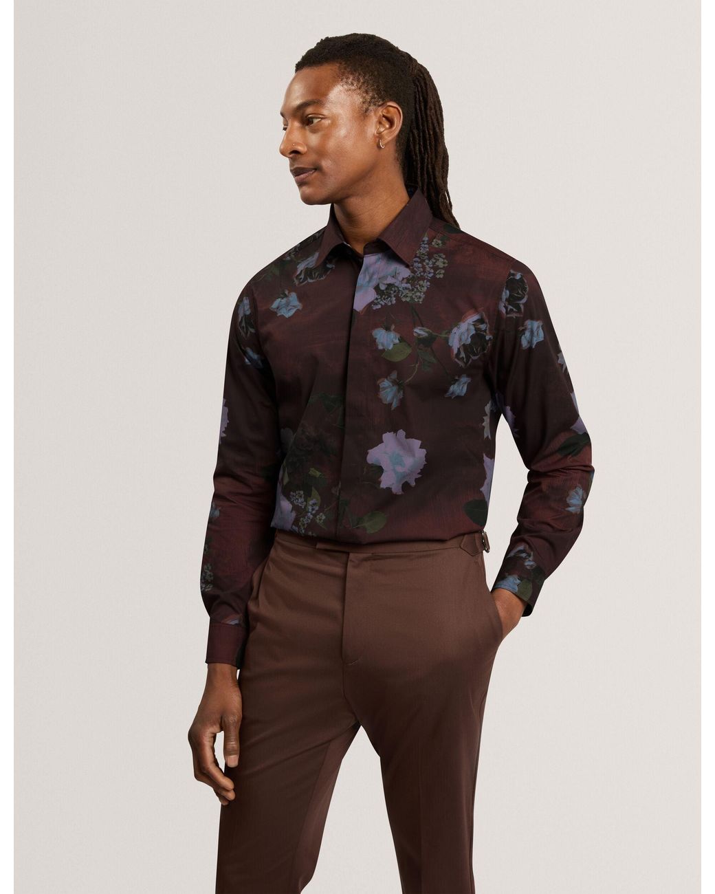 Ted Baker Brown Hadwin Relaxed Painted Floral Cotton Shirt for men