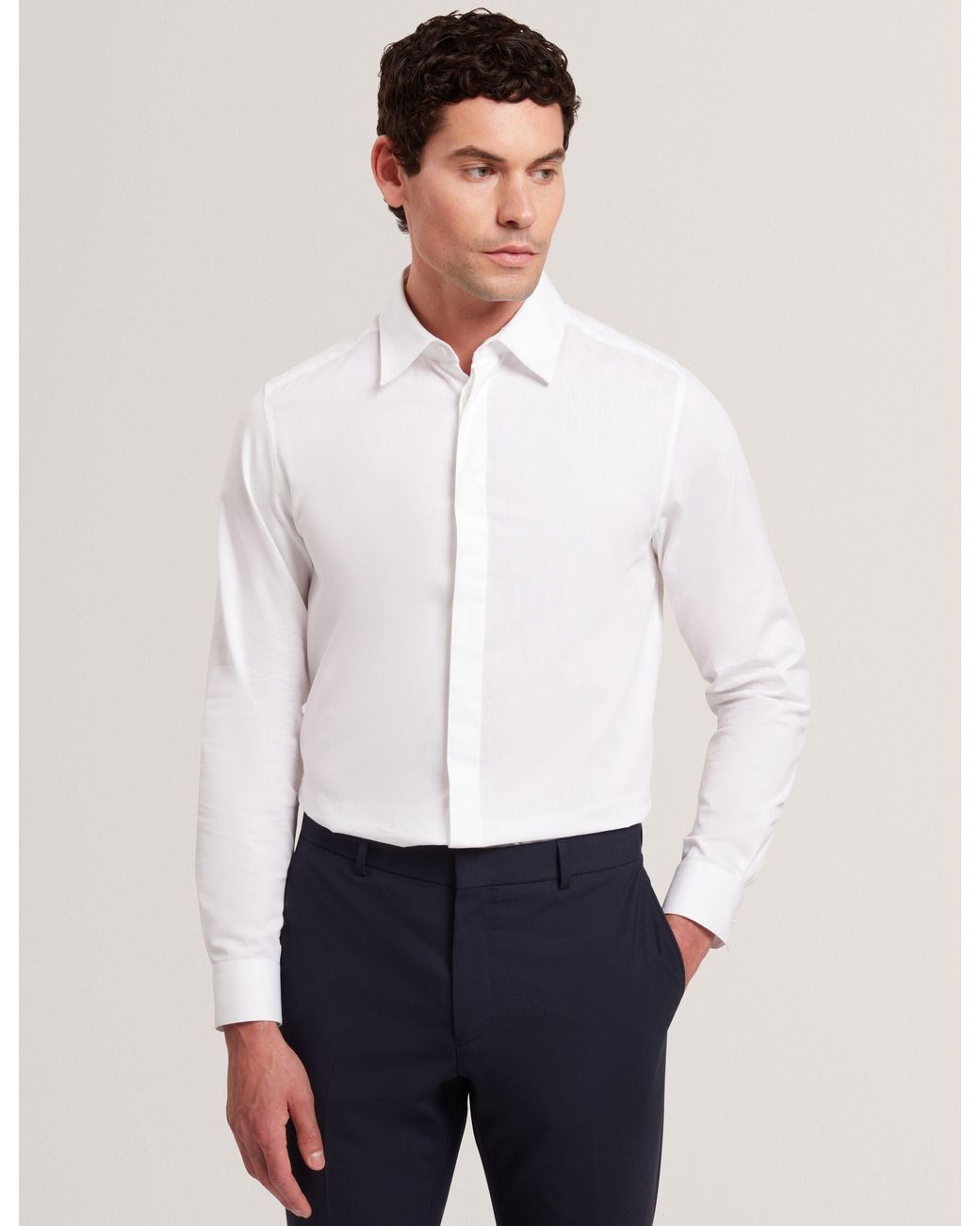 Ted Baker White Tibor Covered Placket Long Sleeve Cotton Shirt for men