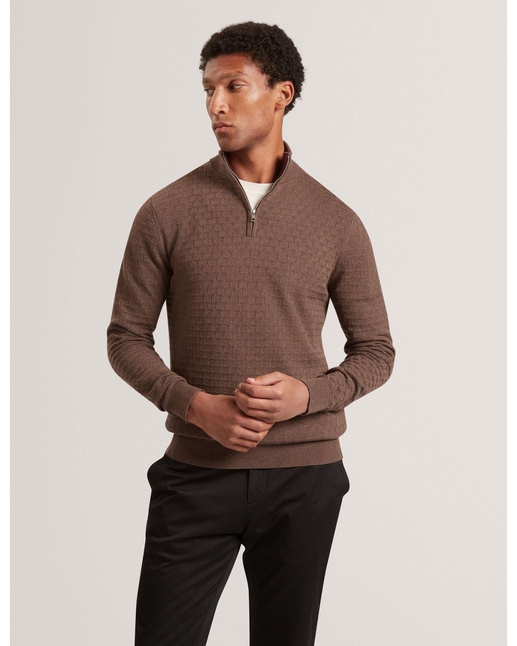 Ted Baker Brown Jeremee Branded Texture Zip Neck Jumper for men