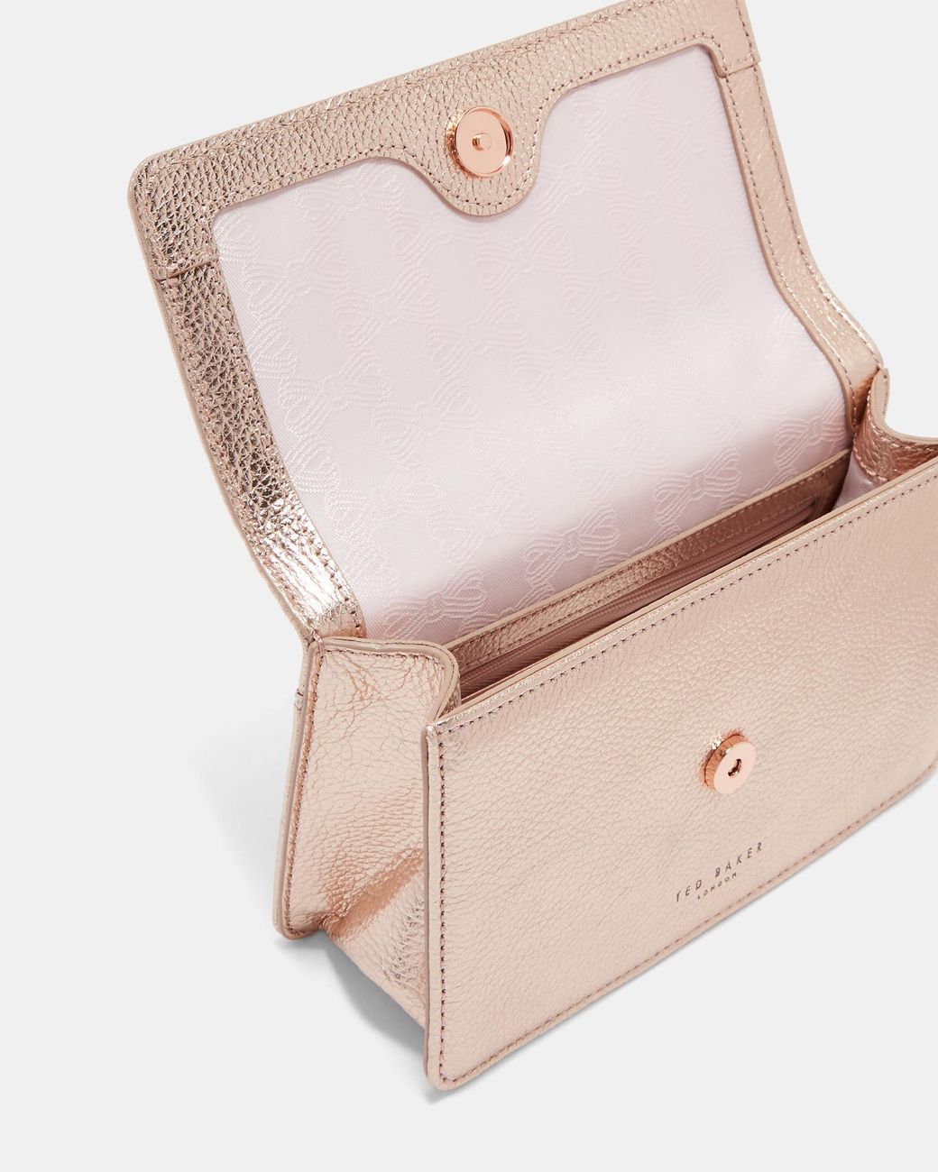 RARE Ted Baker Pink Leather Purse Adjustable Straps Silk Lined Rose Gold Bar