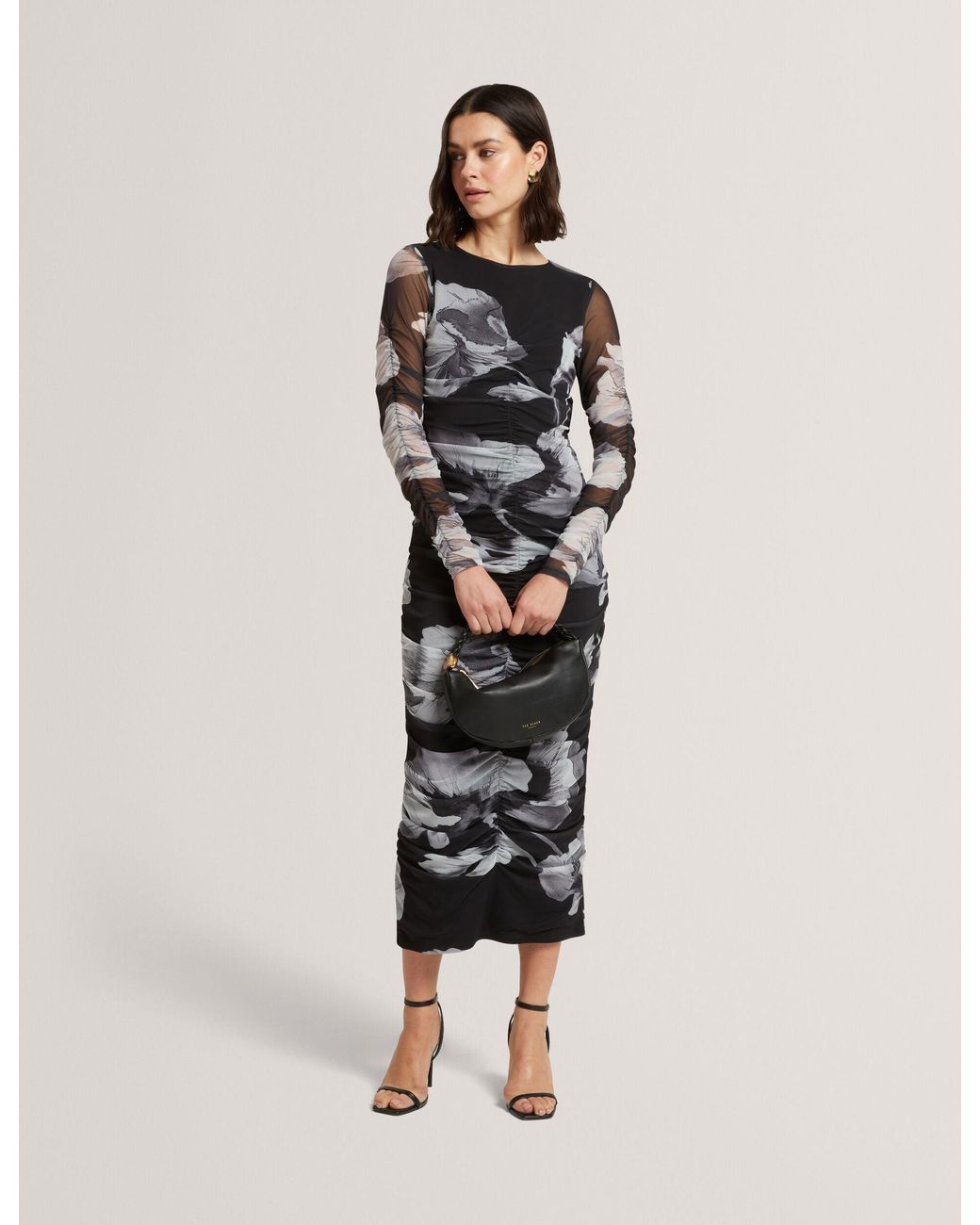 Ted Baker Natural Arietty Dark Floral Ruched Mesh Bodycon Midi Dress