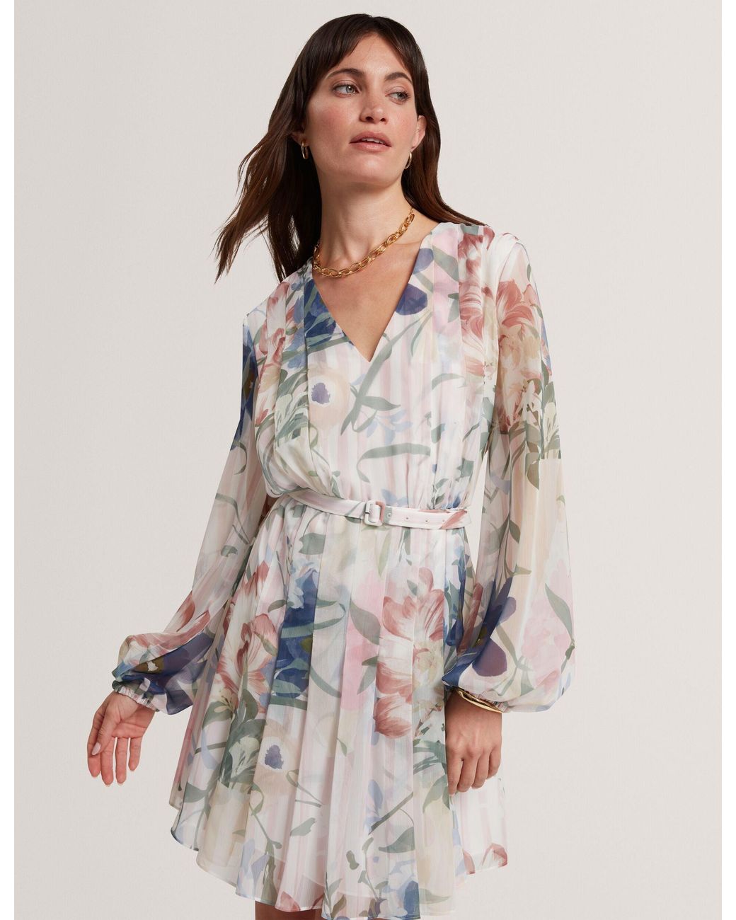 Ted Baker Multicolor Malmia Floral Pleated Long Sleeve Mini Dress